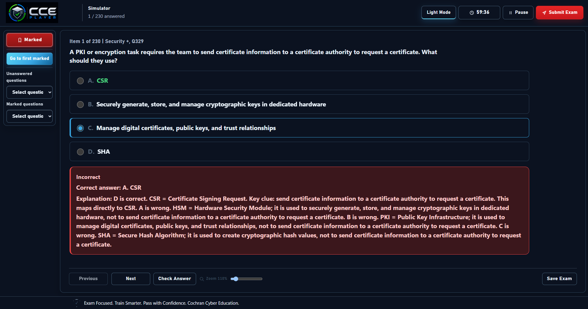 CCE Player explanation and incorrect answer review screenshot